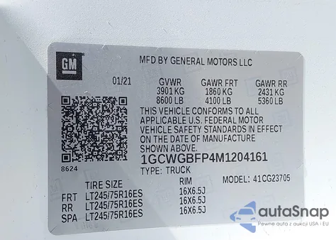 2021 Chevrolet Express Cargo Rwd 2500 Extended Wheelbase Wt z USA, uszkodzony, nr VIN 1GCWGBFP4M1204161